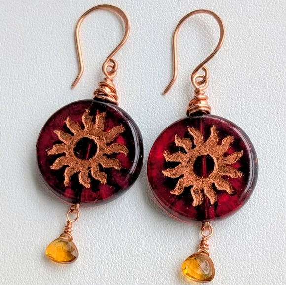 Celestial Sun Earrings Artisan Crafted Copper Wrap Congnac Citrine Drops - Picture 2 of 16